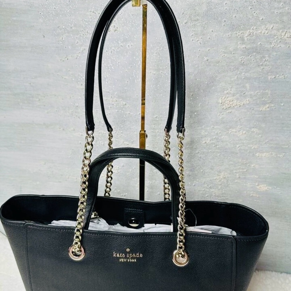 kate spade Black Leather Tote with Gold Chain Handles